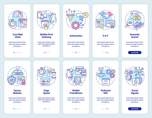 Search engine optimization onboarding mobile app screen set. Walkthrough 5 steps editable graphic instructions with linear concepts. UI, UX, GUI template. Myriad Pro-Bold, Regular fonts used