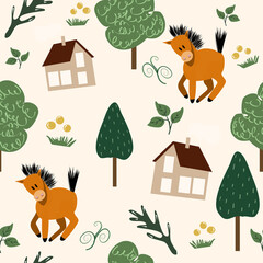 Cute funny illustration with a red horse. Endless pattern for children's books, printed matter and clothes. Simple vector graphics for kids.
