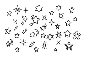 Vector set of stars in doodle style isolated on white background. Outline vector illustration of hand drawn stars.