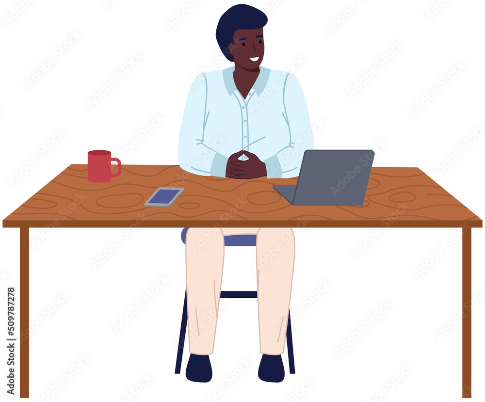 Aufkleber workplace of african man isolated on white background. male employee using laptop computer for proje