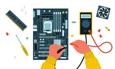 Computer repair. Electric circuit troubleshooting and maintenance with tester, semiconductor hardware components recovery. Vector illustration - obrazy, fototapety, plakaty