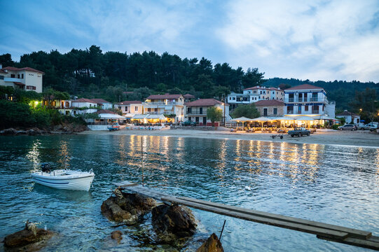 Greek port town of Katigiorgis on Pilion at blue hour