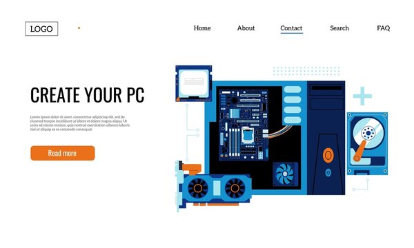 Gaming PC assembly landing. Personal computer components web page template with electric parts and accessories. Vector website