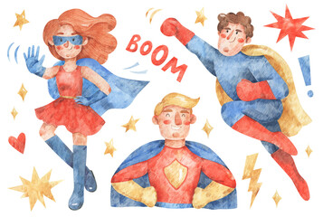 Set of three superheroes. Watercolor illustration of people in costume of superheroes and comics symbols. Hand-drawn fighting characters