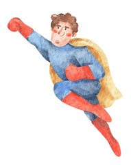 Superhero man. Hand-drawn watercolor illustration of man in costume of superhero fighting and flying