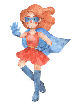 Superhero girl. Hand-drawn watercolor illustration of woman in costume of superhero fighting and flying