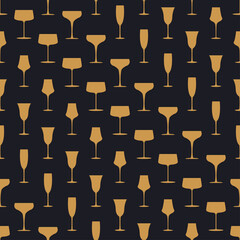 Glass of champagne seamless pattern in art deco style. Alcohol drink glasses set in style of the 1920s-1930s. Vintage design for print on wrapping paper, wallpaper, fabric. Vector illustration