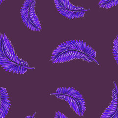 Watercolor pattern purple feather on light lilac background for your seamless design, hand drawn illustration