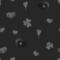 Watercolor pattern gray heart and clover on a dark background for your seamless design, hand drawn illustration