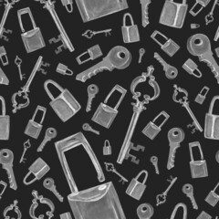 Watercolor pattern silver key and lock on a dark background for your design seamless, hand drawn illustration
