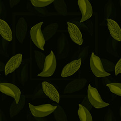 Fototapeta na wymiar Watercolor pattern green flower petal on a dark background for your seamless design, hand drawn illustration