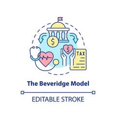 Beveridge model concept icon. Type of healthcare systems abstract idea thin line illustration. Funded by national taxation. Isolated outline drawing. Editable stroke. Arial, Myriad Pro-Bold fonts used