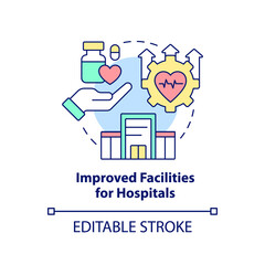 Improved facilities for hospitals concept icon. Way to healthcare system redesign abstract idea thin line illustration. Isolated outline drawing. Editable stroke. Arial, Myriad Pro-Bold fonts used