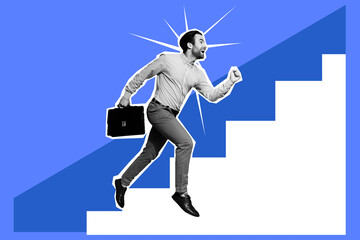 Composite collage picture of excited running person black white colors hold briefcase success...