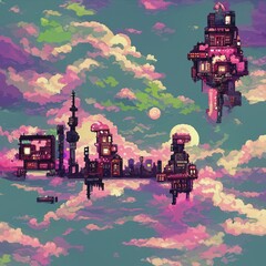Retro futuristic city in clouds. Pixel art wallpaper in a style of 80's computer graphic. Creative retro 3D illustration. Urban scene.