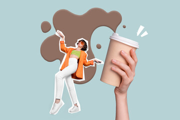 3d retro abstract creative artwork template collage of charming lady dancing arm holding big coffee cup isolated pastel color background