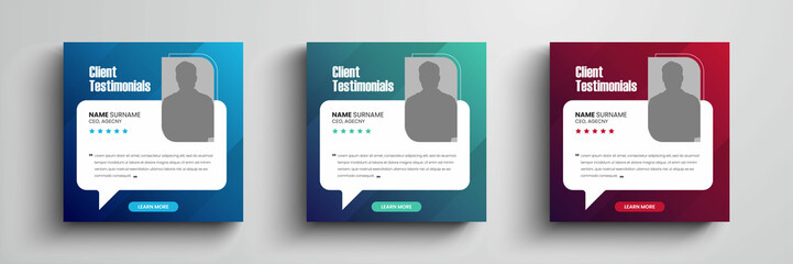 Modern and minimalist client testimonials social media post design with gradient color. Customer service feedback review social media post with color variation template.