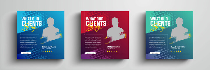 Modern and minimalist client testimonials social media post design with gradient color. Customer service feedback review social media post with color variation template. - obrazy, fototapety, plakaty