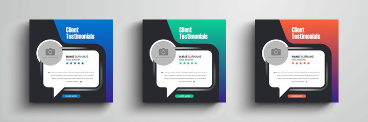 Modern and minimalist client testimonials social media post design with gradient color. Customer service feedback review social media post with color variation template.