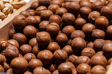Close-up of assorted nuts on market counter