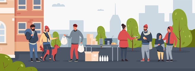 Charity for homeless. Cartoon humanitarian help and support for poor people, social charity and volunteer community concept. Vector refectory illustration - obrazy, fototapety, plakaty