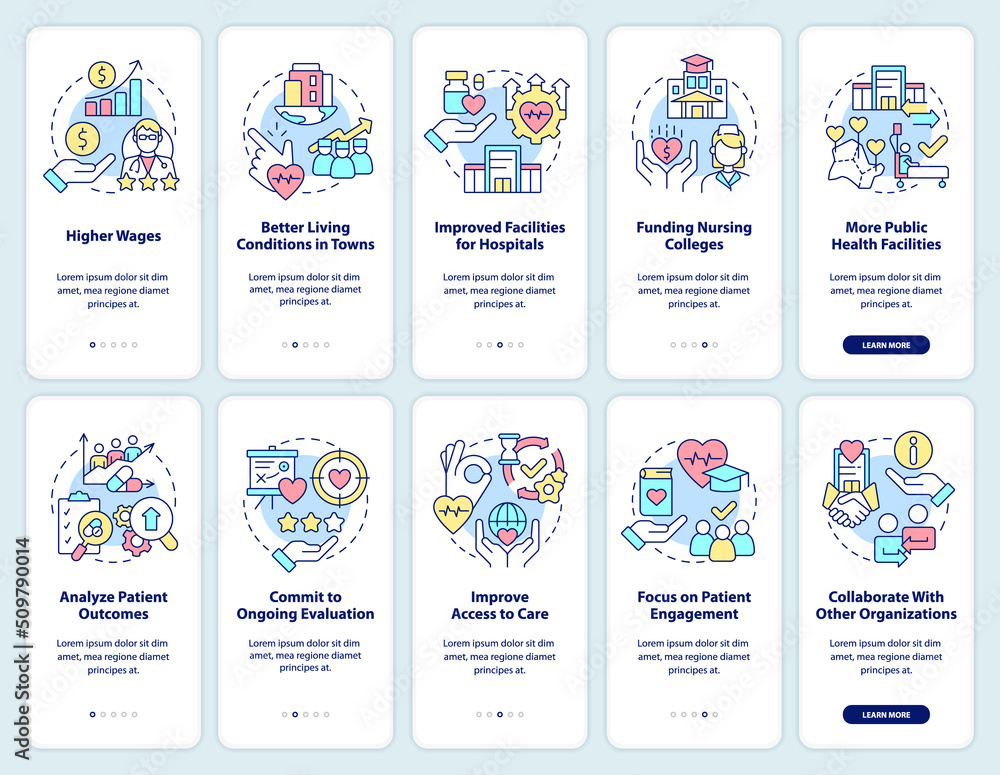 Poster healthcare process improvement onboarding mobile app screen set. walkthrough 5 steps editable graphi