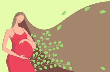 A beautiful pregnant girl holds her hands on her belly. Happy pregnancy. Flat cartoon vector illustration. Poster with pregnant woman with long hair and place for text. - 509790070