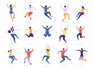 Fototapeta na wymiar Jumping people. Happy young characters express emotions, teen group in colorful trendy clothes. Vector joyful flying persons in motion, male and female avatars