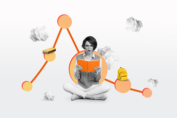 Collage picture of impressed crazy person black white colors hold read book isolated on creative background
