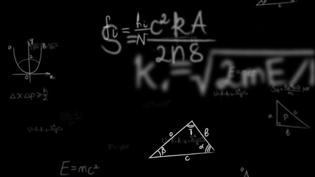 Camera flies Through matrix made up of White Math formulas and Equation. Handwritten geometrical figures, calculations and Mathematical analysis. Cognitive process concept. Seamless loop