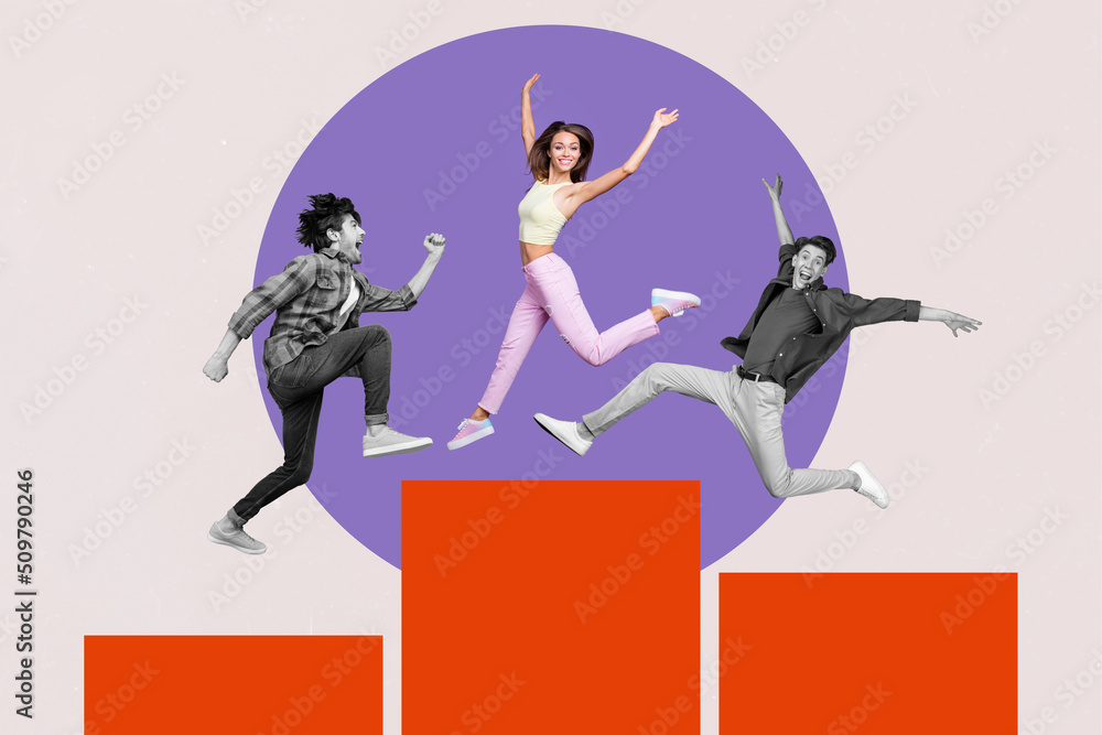 Sticker creative collage portrait of three people jumping pedestal place isolated on drawing background