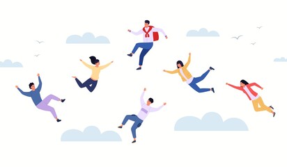 People in the sky. Cartoon characters floating in clouds, dream and imagination concept, young persons falling on dreamy background. Vector illustration