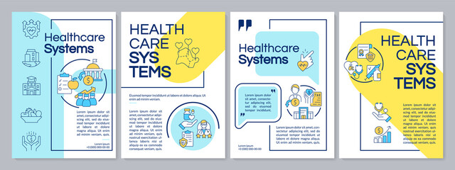 Fototapeta na wymiar Health systems blue and yellow brochure template. Healthcare quality. Leaflet design with linear icons. Editable 4 vector layouts for presentation, annual reports. Questrial, Lato-Regular fonts used
