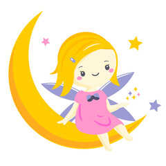 Cute fairy sitting on moon and play with stars. Vector illustration for children fashion prints and baby design