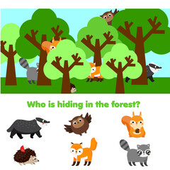 Naklejka premium Educational game for children. Matching game with forest animals. Find hidden objects on picture activity for kids