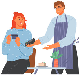 Customer paying bill in cafe using cashless technology. Payment through credit card with NFC. Contactless, cashless payment, digital banking concept. Woman pays in restaurant via POS terminal