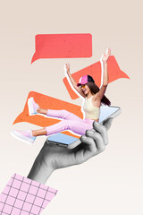 Vertical creative collage picture of huge arm hold telephone excited lady sitting display dialogue...
