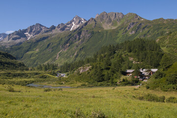 Summer view of Riale traditional walser village in the Italian alps, Val Formazza, Piedmont