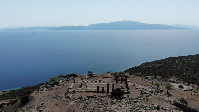 Temple of Athena ruin in Assos Ancient City. Panoramic aerial view. Canakkale, Turkey
