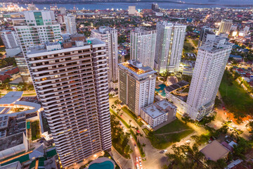Cebu City, Philippines - May 2022: Evening aerial of luxury condos in Cebu Business Park.