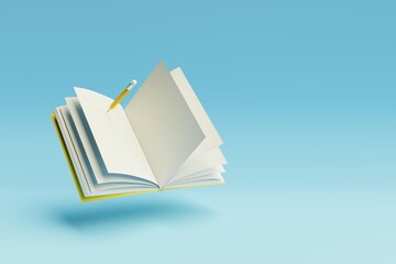 Yellow pencil writing in open book on blue background. 3d render - 509791452
