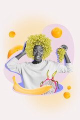 Vertical collage portrait of astonished crazy person black white gamma grape instead hair multi...