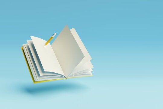 Yellow pencil writing in open book on blue background. 3d render