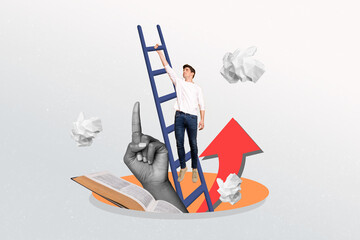 Collage portrait of hard working person climb ladder up huge hand point finger fly crumpled paper