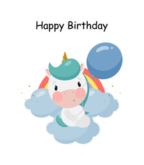 Magic Unicorn with balloon. Cartoon style. Vector illustration. For kids stuff, card, posters, banners, children books, printing on the pack, printing on clothes, fabric, wallpaper, textile or dishes.
