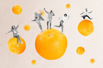 Composite collage portrait of group people dancing have fun huge orange citrus fruits isolated on...