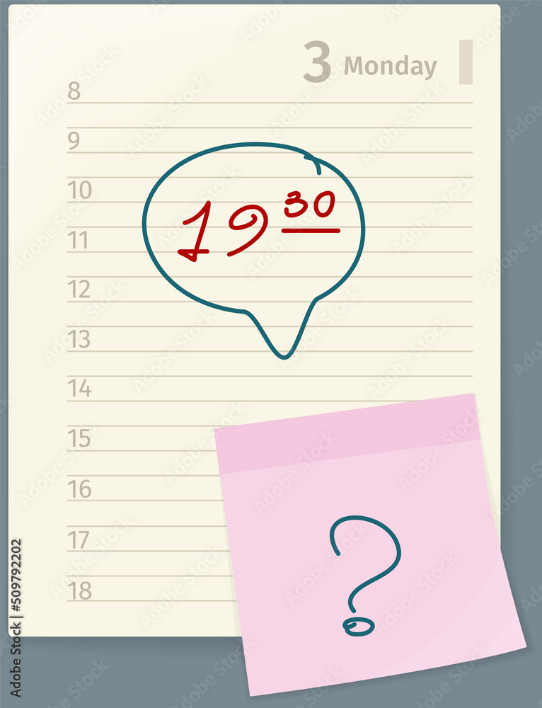 Aufkleber open diary with meeting notes, planner or notebook vector illustration in flat style. office and bus