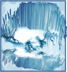 Obraz premium 2D illustration - bathing horse at night, blue background, reflection, watercolors