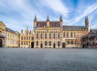 Naklejka premium Bruges, Belgium. Wide angle view of historic Town Hall building
