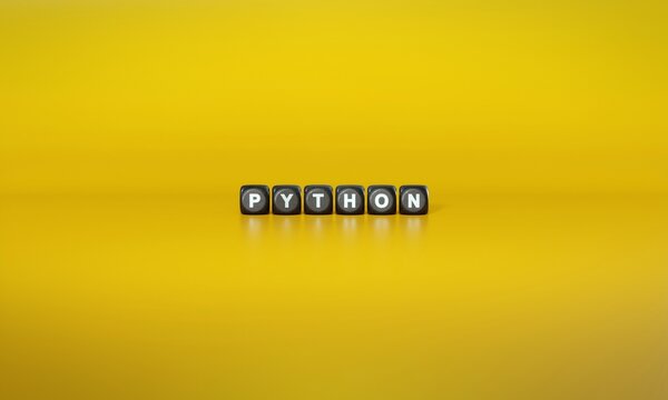 Word &lsquo;Python&rsquo; spelled out in white text on dark wooden blocks against plain yellow background. 3D rendering